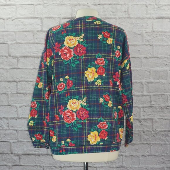 Vintage 90s Rainbow Tartan Plaid Rose Floral Pullover Sweatshirt - Picture 4 of 8